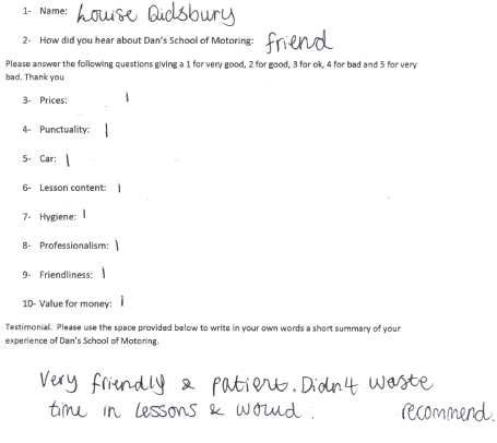 Louise's Review: Very friendly and patient. Didn't waste time in lessons and would recommend